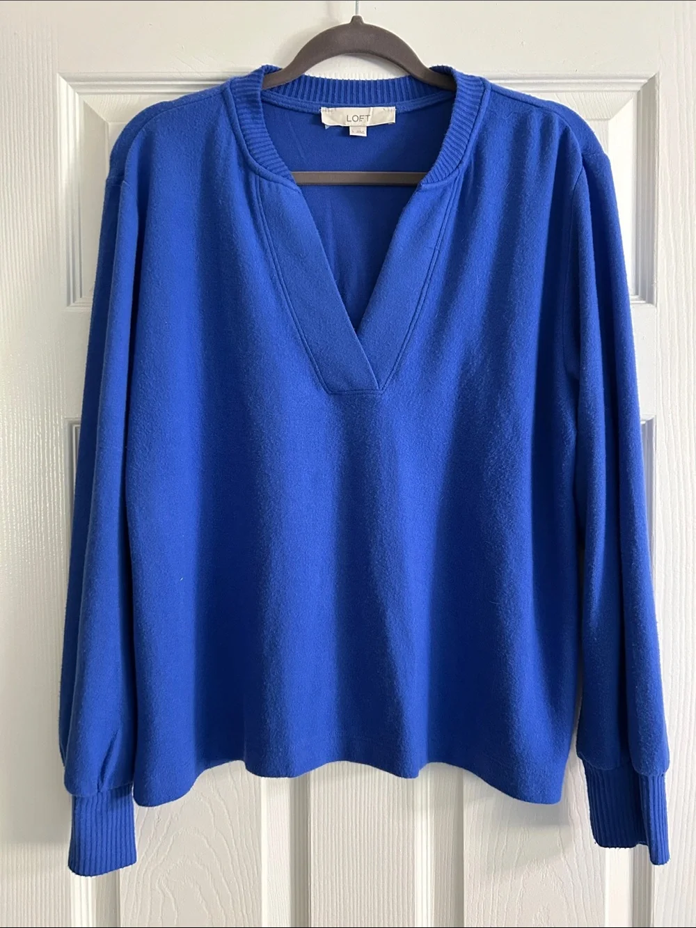 LOFT Cobalt Blue Split Neck Ribbed Cuff Knit Blouse Top Large